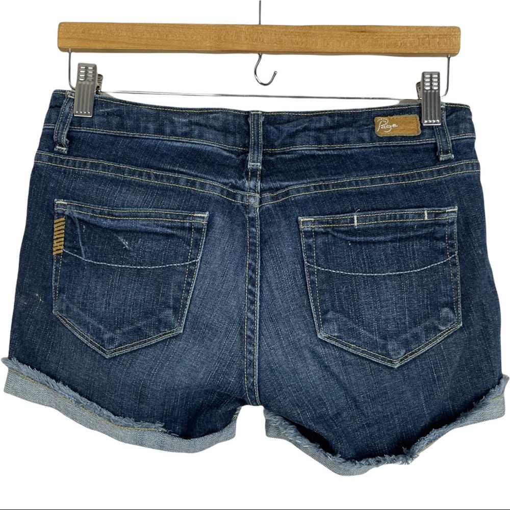 Paige Jimmy Jimmy Shorts Dark Wash Low Rise Raw Cuffed Hem Pre Faded & Feathered - Picture 5 of 11